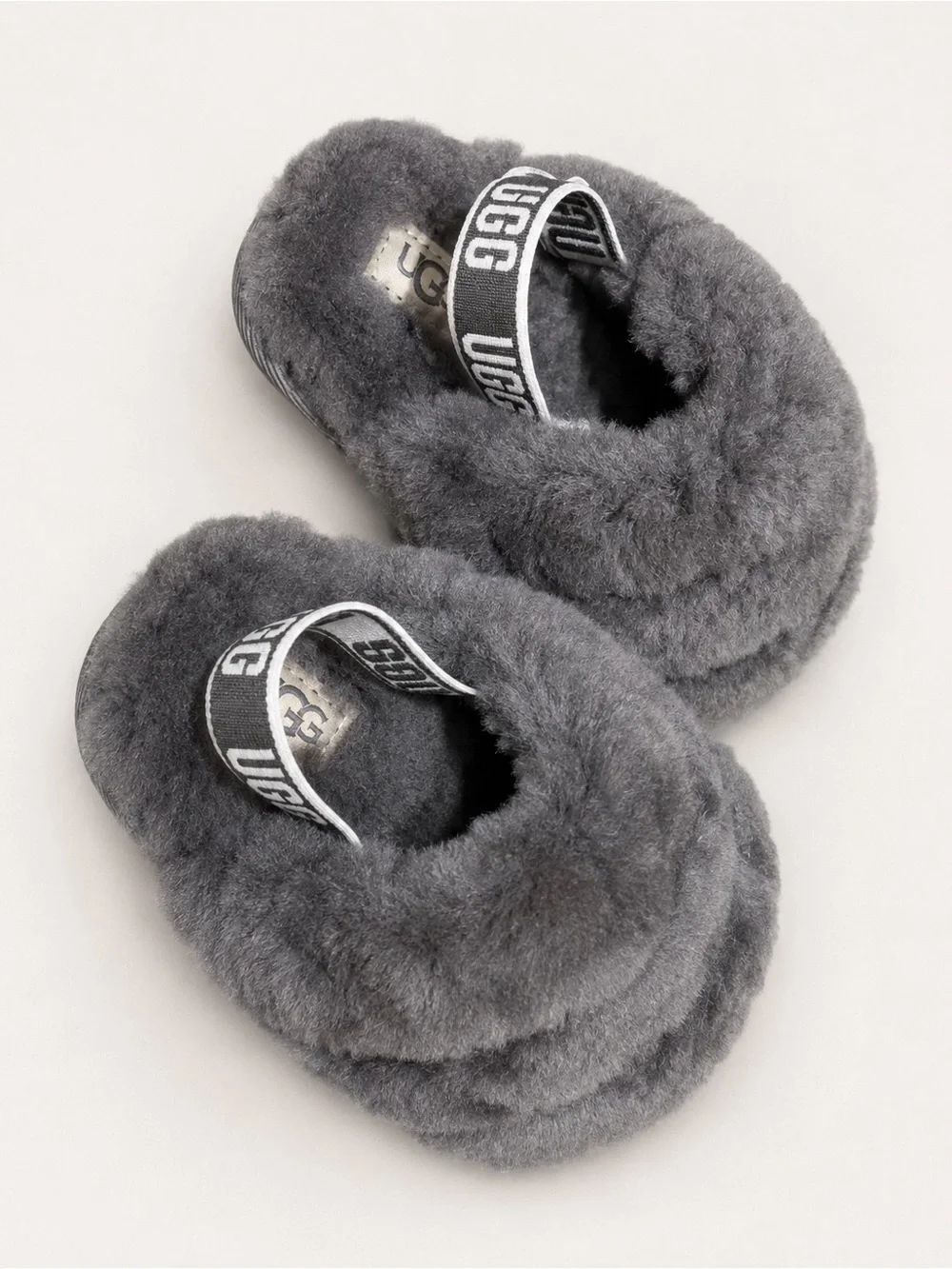 UGG 4/5c Kids' Grey Fluff Slide Slippers with Branded Strap. NWOT